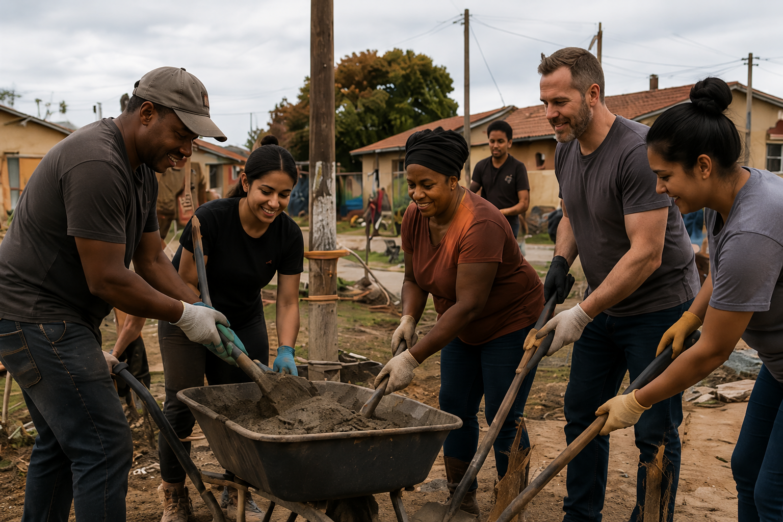 A diverse group of Humble Hopes volunteers working together on a South African community project