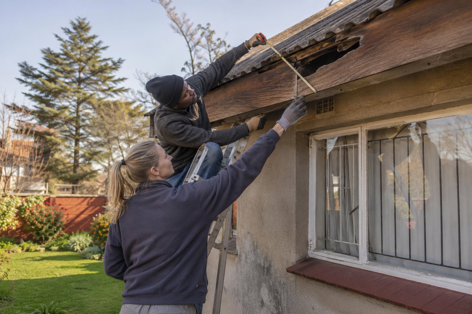 Volunteers assessing roof repairs