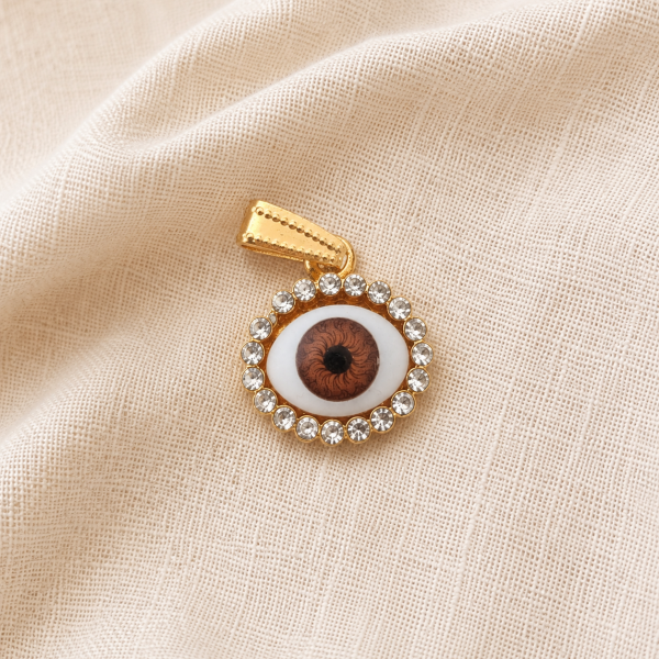 Gold-Tone Brown Evil Eye Pendant with Clear Rhinestone Halo