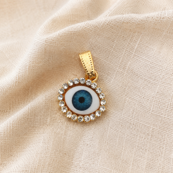 Gold-Tone Blue Evil Eye Pendant with Clear Rhinestone Halo