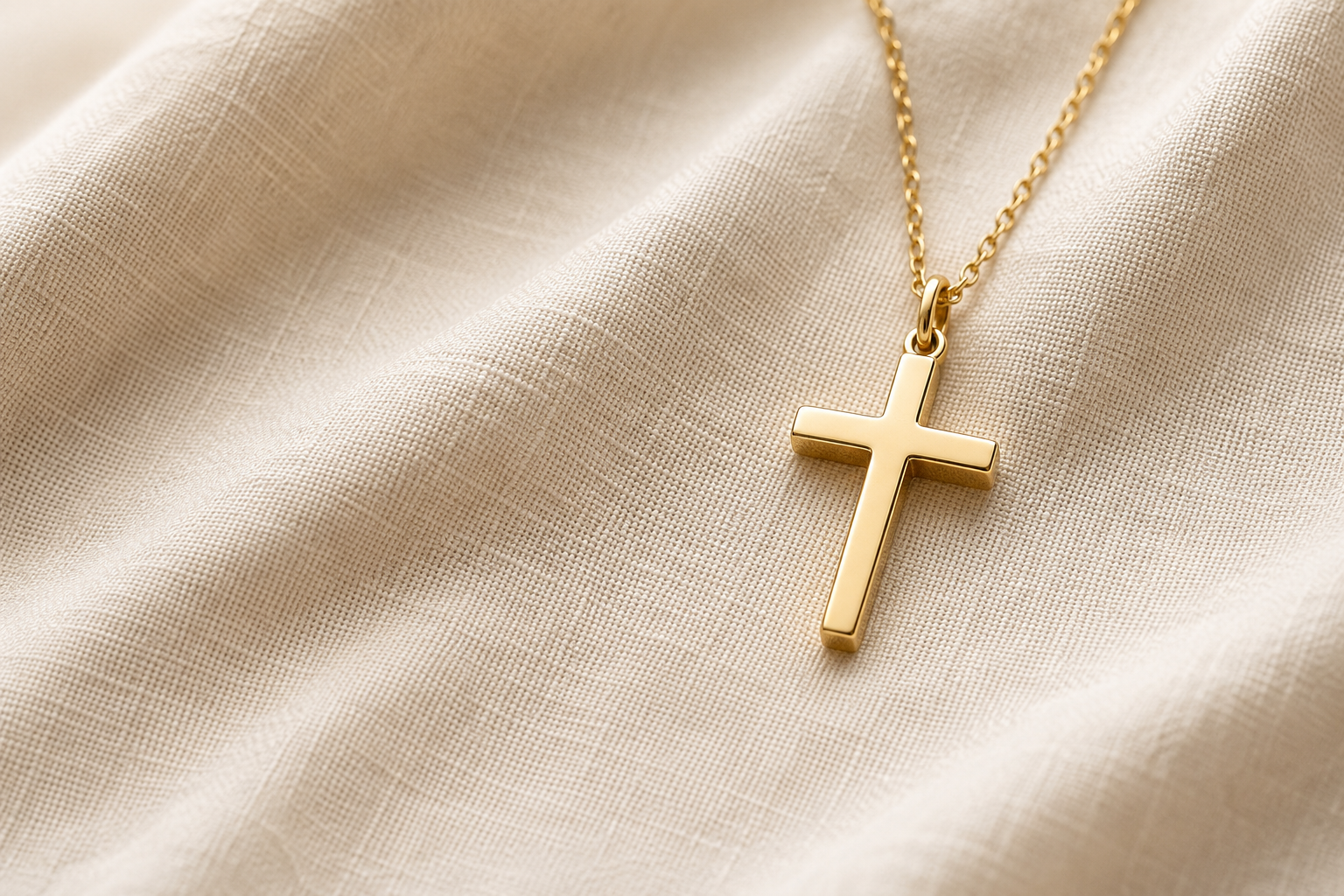 Gold cross necklace on soft cream fabric